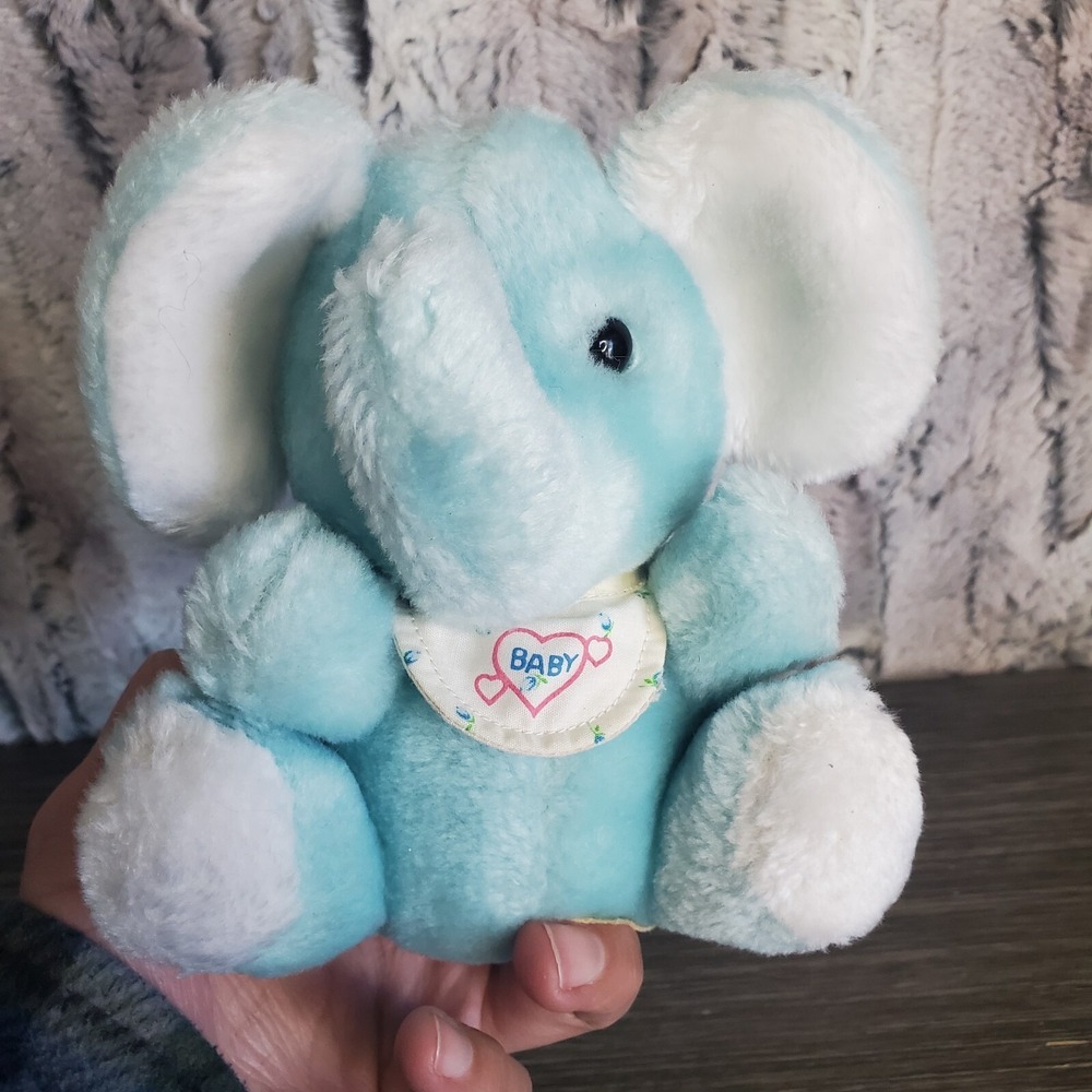 Vintage Amtoy Mini 5" Light Blue Elephant Plush Stuffed Animal With BABY BIB - Picture 5 of 9